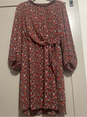 Banana Republic Red Floral Mini Dress with Self-Tie Waist